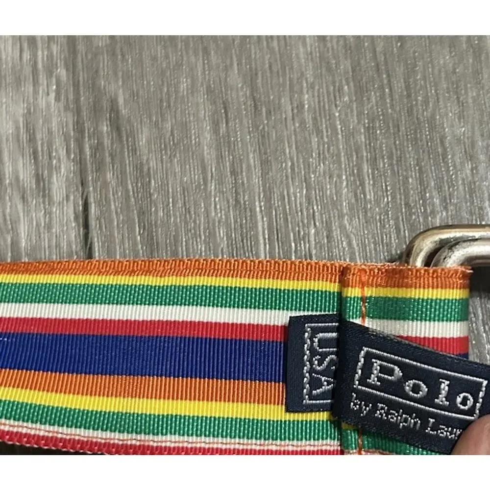 Polo Ralph Lauren Vintage D Ring Ribbon Belt Striped Multi Color Made In USA